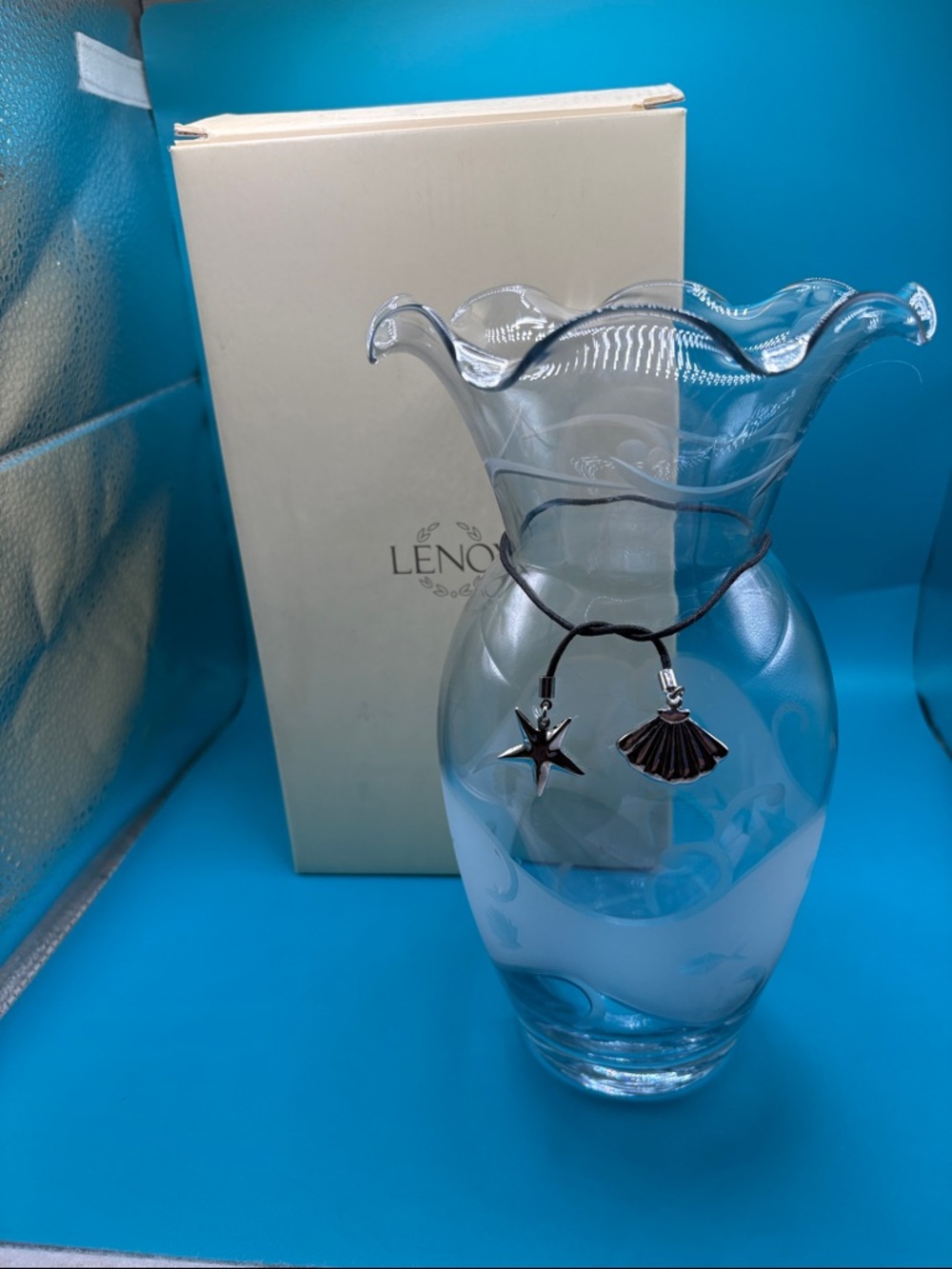 Lenox Rare Vintage Clear Etched Glass Vase with Nautical Charms